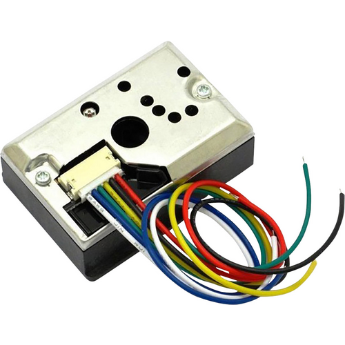 Elektrisches Bauteil mit mehreren farbigen Kabeln: Rot, Gelb, Grün, Blau, Schwarz. Hauptkomponente aus Metall in rechteckiger Form.